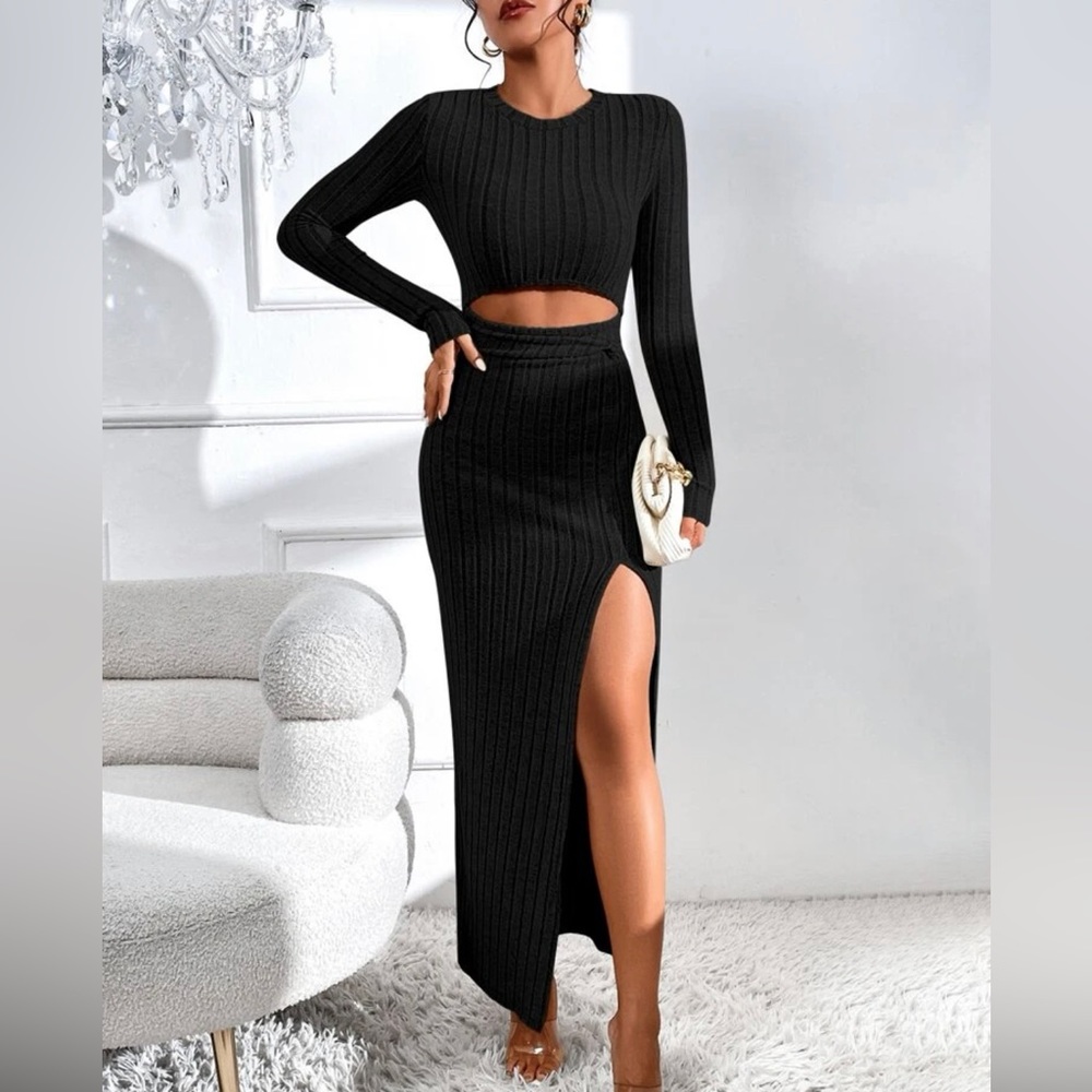 Shein utility solid rib knit cut out split thigh black dress